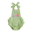 Infant Girl Halter Neck Romper with Cute Golf Cart Embroidery and Ruffle Detail - Sleeveless Newborn Playsuit for Summer Fun