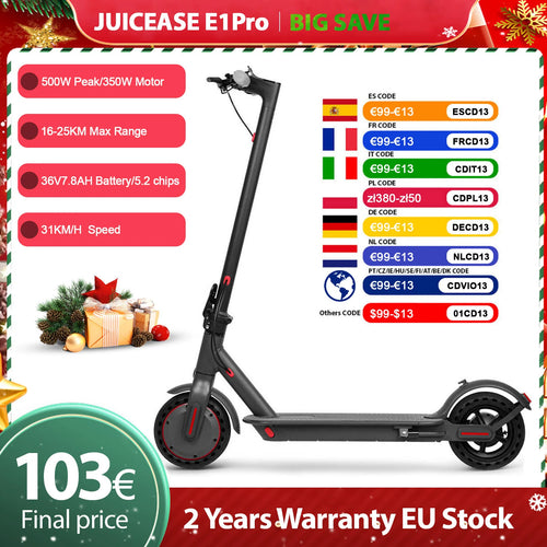 JUICEASE E1 Pro Electric Scooter 350W Motor 500W Peak Power Folding Electric Kick Scooter 36V7.8AH 5.2 Chips 25KM Range EScooter