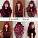 Burgundy Dark Red Synthetic Wigs Long Wavy Wine Red Cosplay Wig with Bangs for Women Natural Body Wave Halloween Heat Resistant