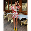 Women Chic Floral Print Bodycon Dress Holiday v-neck Pleated Patchwork Flared Sleeve Ruffle 2026 Summer Casual Latest Vestidos