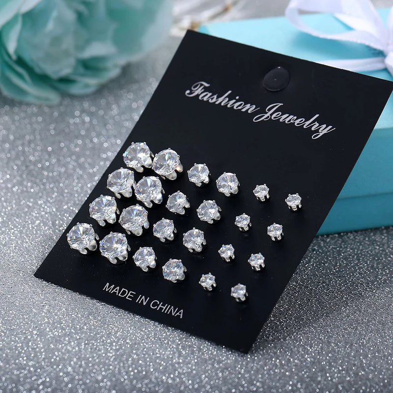6/12 Pair Mixed Size White Color Cubic Zircon Stud Earrings Set Shine Crystal Ear Studs for Men Women Punk Party Jewelry