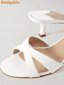 Sweet Cross-tied Slippers Solid Round Toe Shallow Stilettos Mules Fashion Casual Pull-on Outside Dress Shoes 2025 New Summer