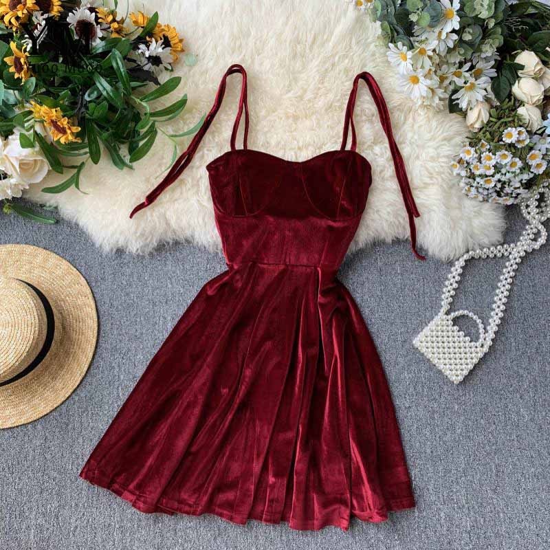 YuooMuoo Elegant Vintage Gothic Spaghetti Strap Dress 2022 Early Fall Basic Women Short Party Dresses Slim High Waist Mini Dress