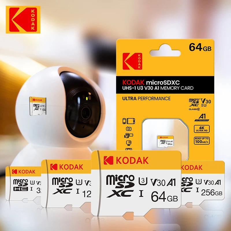 KODAK MicroSD Memory Card 128GB 256GB UP TO 100MB/s Class10 U3 32GB 64GB TF Card 4K HD with Card Reader Adapter Microsd for PC