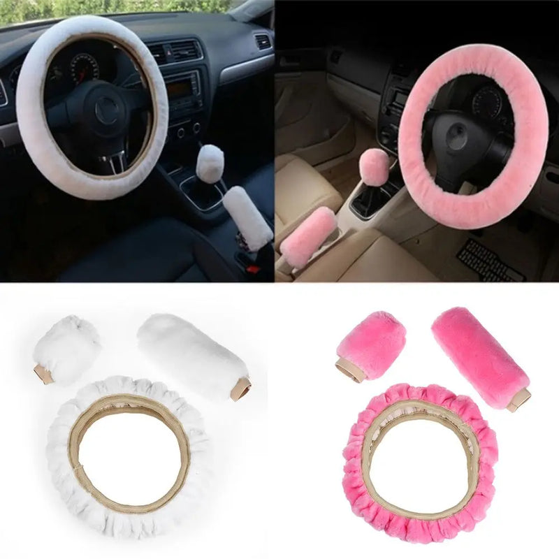 3Pcs/Set Winter Car Soft Wool Steering Wheel Cover Handbrake Warm Fur Case Gear Lever Sleeve Accessories Fashion Auto Interior