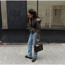 Women Fashion V-neck Lapel Belt Leather Jacket Chic Lace Up High Waist Full Sleeve Overcoat 2025 Lady Autumn High Street Outwear