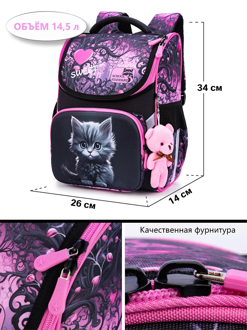 Orthopedic School Backpack For Girls Cartoon Cat Primary School Grade 1 Students Bags Kids Satchels Female Bookbag 7-9 Years