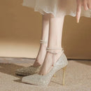 New Pearl Waterproof High Heel Shoes Women's Spring Autumn Pointed Toe Thin Heel Champagne Color Crystal Bride Marriage Shoes