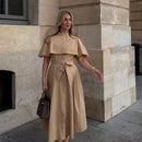 The Overcast Line | Belted Trench Midi Dress with Cape Overlay