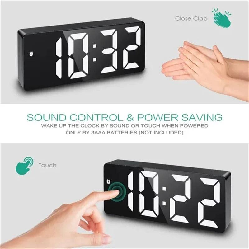 LED Mirror Digital Alarm Clock Voice Control Table Clock Snooze Function 3 Brightness Adjustable 12/24H Electronic LED Clocks