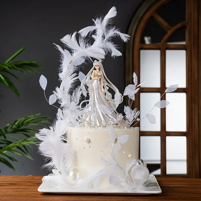 Beautiful Girl Moon Cake Ornaments Girls Birthday Party Decoration Feather Crown Cake Toppers Wedding