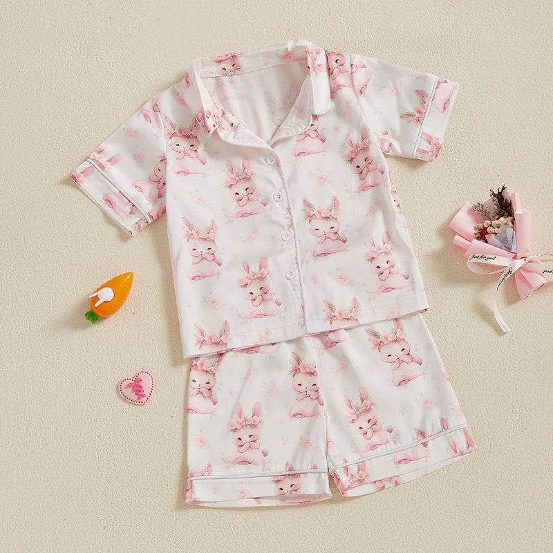 Kids Easter Satin Pajamas Set with Bunny Print Short Sleeve Lapel Button Down Tops and Shorts Sleepwear for Boys and Girls
