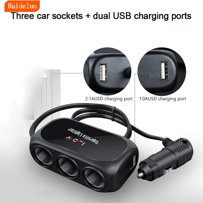 Car One Tow Three Power Dual USB Interface Car Charger Multi-function Car Power Adapter Plug