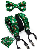 DiBanGu Mens Adjustable Silk Suspenders Bow Tie Cufflinks Pocket Square Set Metal Clips Y back Elastic Braces Wide Strap 3.5CM