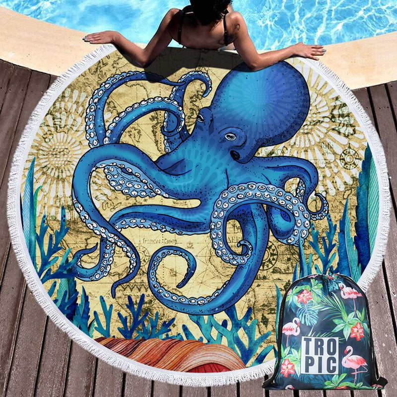Summer Round Beach Towels Undersea Octopus Circle Bath Shower Towel With Drawstring Storage Bag Yoga Mat Blanket toalla playa