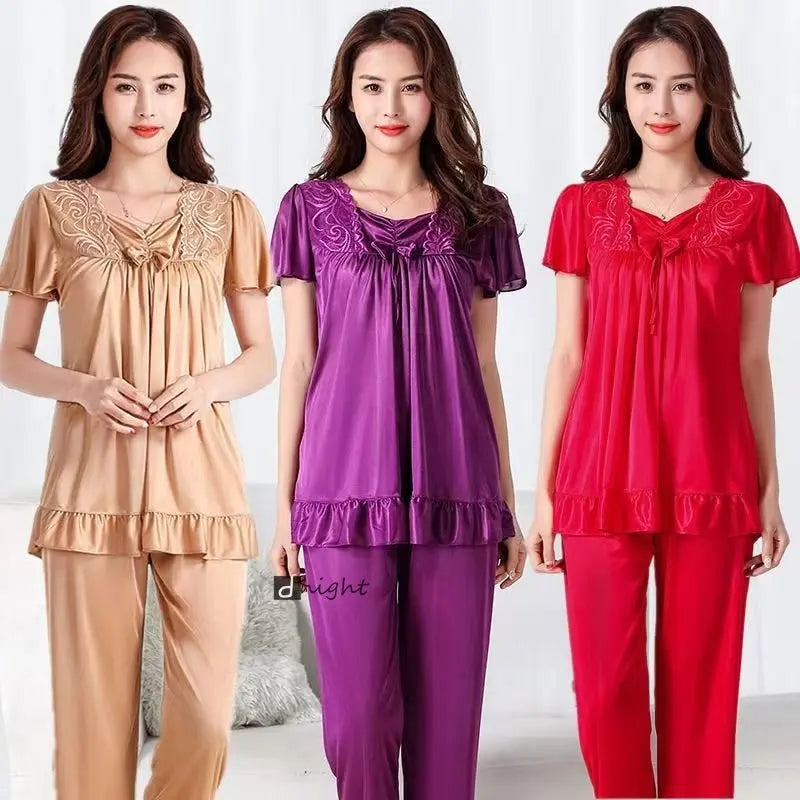 Women Home Clothes Big Nightshirt Shorts Summer Satin Silk Trousers Suit Women Middle-aged Lace Large 5XL Pajamas Bedroom Set