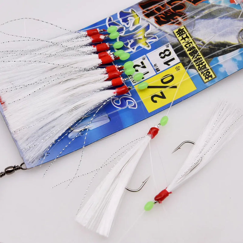 JYJ 10 hooks per bag Fishhooks String Hooks Sabiki Hook For Swivel Fishing sabiki Jig Head Luminous Beads