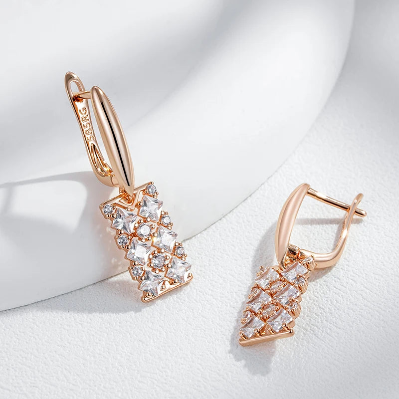 Kinel Unique Natural Zircon Long Square Dangle Earrings for Women Luxury 585 Rose Gold Color Accessories Daily Fine Jewelry