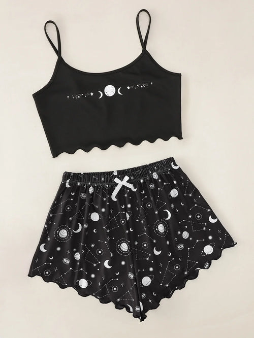 Summer Sleepwear for Women Pajamas Set Star Moon Printed Sleeveless Sling Crop Tops and Shorts Set Homewear Loungewear Pijama