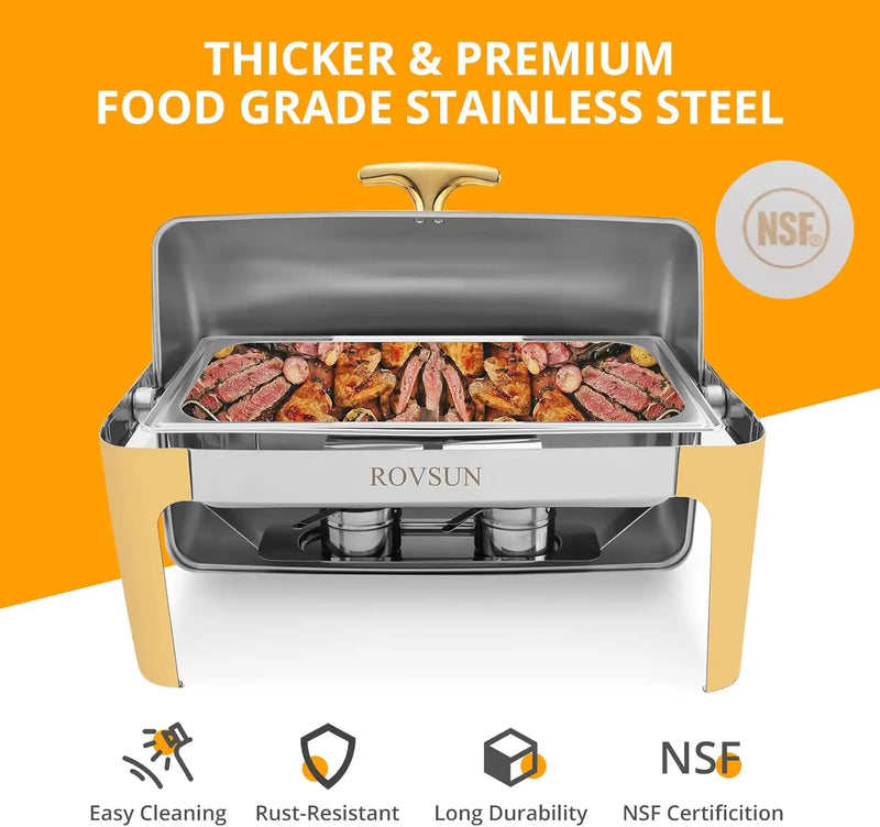 Rovsun 3 Packs Roll Top Chafing Dish Buffet Set Gold Accent,Nsf 9 Quart Rectangular Stainless Steel Chafer, Buffet Servers And