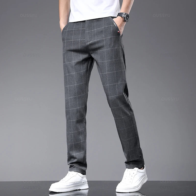 Brand Clothing 2024 Spring Summer Plaid Work Stretch Pants Men Business Fashion Slim Grey Blue Party Casual Pant Trousers Male