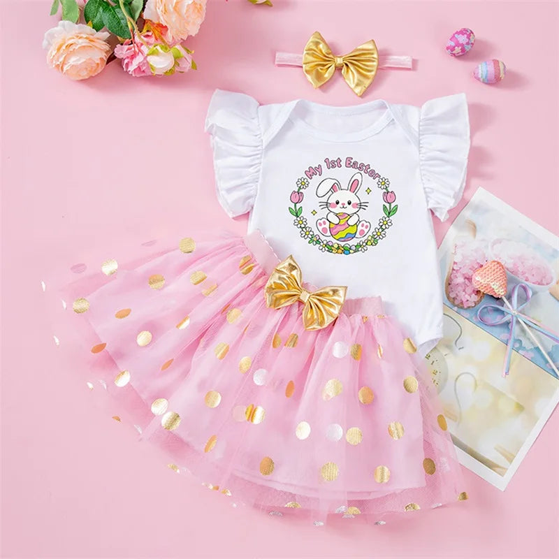 Toddler Girls Spring Floral Print Ruffle Sleeve Romper with Matching Bow Headband and Tulle Skirt - Easter Outfit