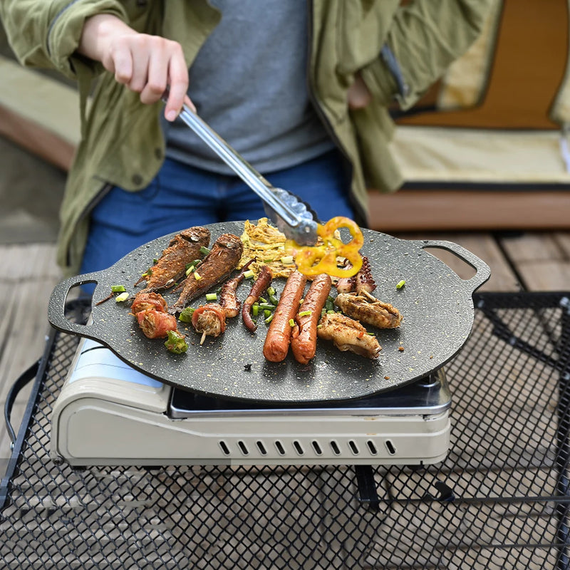 Smokeless BBQ Grill Pan Camping Cookware Round Pan Outdoor Griddle Frying Baking Pan Non-stick Barbecue Plate Cool Camping Gear