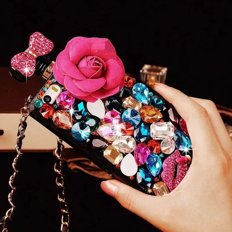Luxury DIY Diamond Flower Perfume Bottle with Chain Lanyard Case for Samsung Galaxy, S23 Ultra, S22, S24, S21, Note20, Colorful