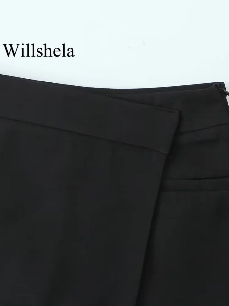 Willshela Women Fashion Solid Side Zipper Asymmetrical Mini Skirts Shorts Vintage High Waist Female Chic Lady Shorts