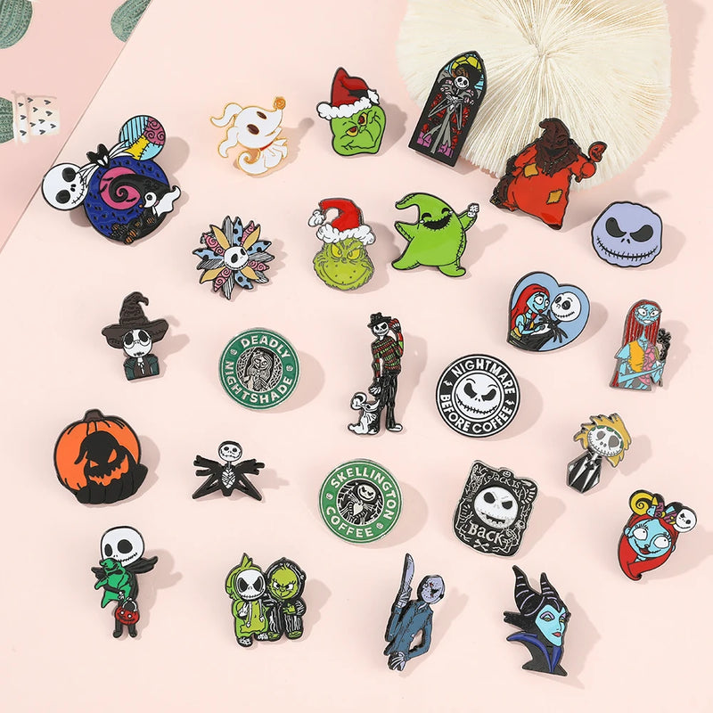 6 Pcs Terror The Nightmare Before Christmas Brooch Cartoon  Jack Skellington Sally Maleficent Enamel Pin Metal Badge Jewelry