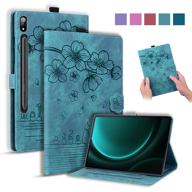 Funda For Samsung Galaxy Tab S9 FE Case 10.9" Emboss 3D Flower Cat Wallet Tablet Coque For Galaxy Tab S9 FE Cover SM-X510 X516