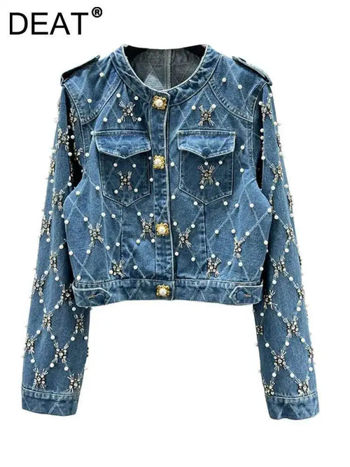 DEAT Damen Jeansjacke O-Ausschnitt Bestickt Ausgestellte Ärmel Rauten Perlenknöpfe Kariert Eleganter Mantel Sommer 2025 Neue Mode 29L6353