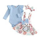 Adorable Baby Girl Easter Outfits with Bunny Embroidery Long Sleeve Romper Suspender Skirt and Headband - 3 Piece Set for