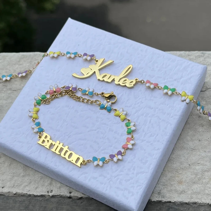 Customized Butterfly Heart Name Necklace Stainless Steel Heart Bracelet Jewelry Set with Various Enamel Inscriptions Necklace
