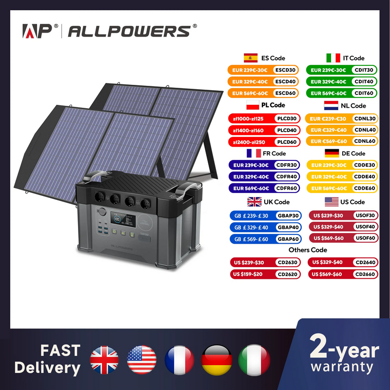 ALLPOWERS S2000 Pro Outdoor Generator 2400W MPPT Portable Power Station with 4X100W  Folable Solar Panels for RV Camping, Home