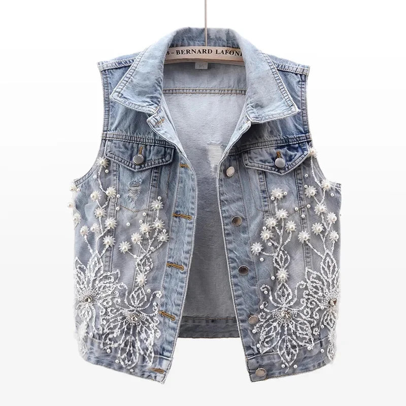 Women Denim Vest 2024 Pearls Fashion Ripped Autumn Jeans Jacket Sleeveless Loose Short Coat Causal Waistcoats Outwear Tops