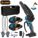Jemi Tool 6 inch portable cordless rechargeable electric chain saw with two batteries, wood cutter, garden orchard pruning tool