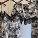 Print Women Satin Pajamas Suit Summer V-Neck Kimono Robe Gown Set With Cheast Pads Nightwear Sexy Lounge Wear Sleepwear