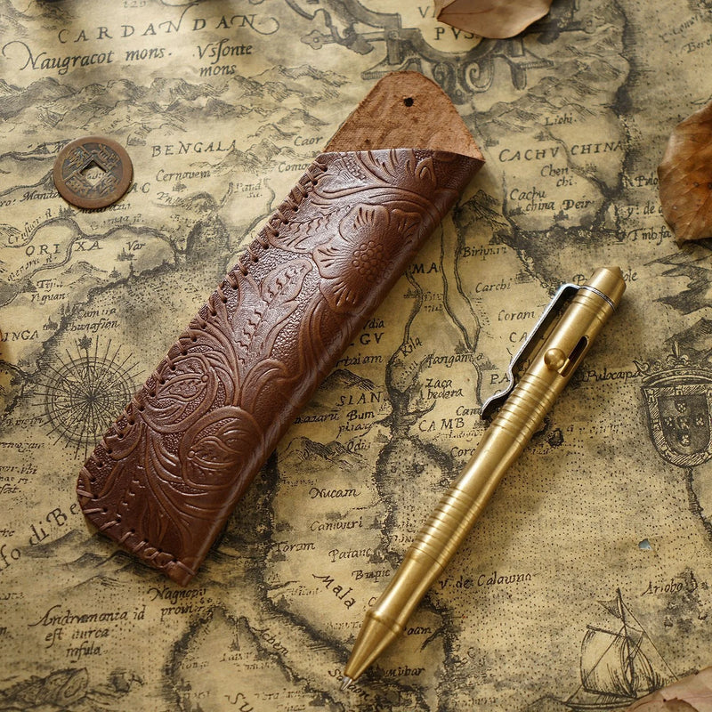 Genuine Leather Pencil Bag with Flower Embossed Leather Boy's and Girl's School Students Pen Holder Simple Retro Pencil Bag