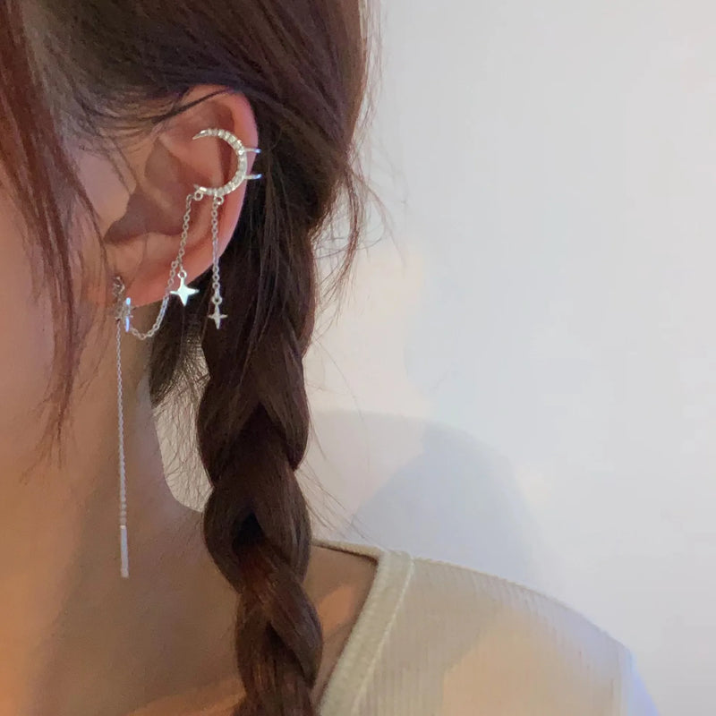 1pc Bohemian Tassels Chain Ear Cuff for Women Star Moon Silver Color Zircon Fashion Conch Clip Earrings Cartilage Jewelry KDE125