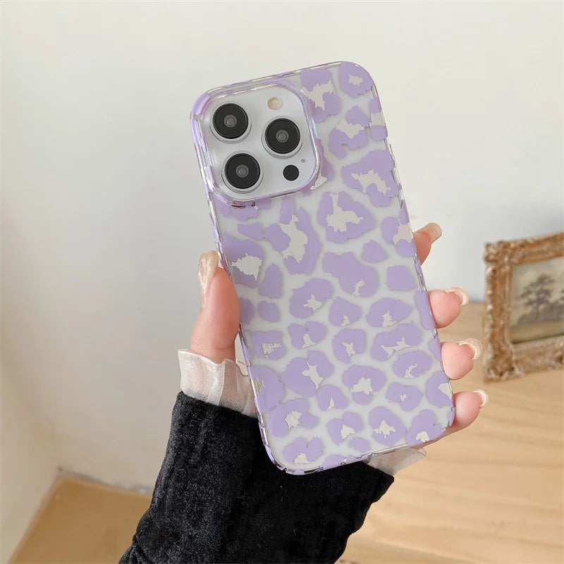 Cute Fashion Pink Leopard Print Phone Case For iphone 11 12 Pro Max 13 14 15 plus Plastic Clear Hard Back Cover