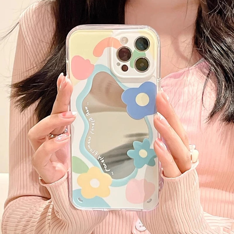 Cartoon Flower Mirror Make Up Case for iPhone 15 14 13 Pro Max 12 11 Camera Protection Shockproof Soft Cover for iPhone 15Pro