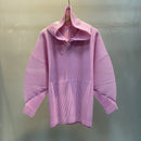 Miyake Pleated Sweatshirt Pit Stripe Zipper Standing Collar Jacket Women 2025 New Casual Pullover Hundred Pleat Skinny Tops