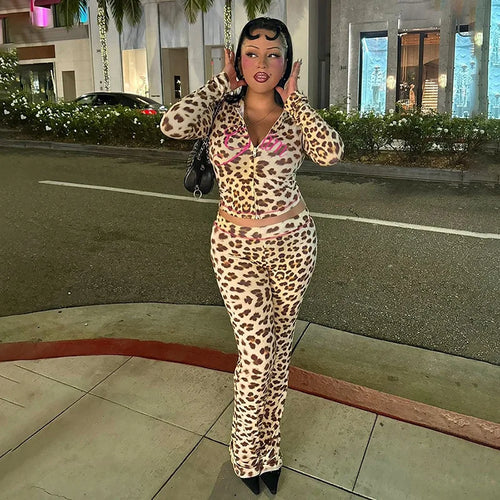 VEITCHE Women's Summer Outfit Casual Leopard Print Long Pant Suit Slim Hoodie Zipper Top High Waist Trousers Set Street Style