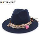 BUTTERMERE Damen Fedora Hut Wolle Khaki Jazz Hüte Weiblich National Lässig Große Krempe Vintage Herbst Klassischer Filzhut und Mütze 2022
