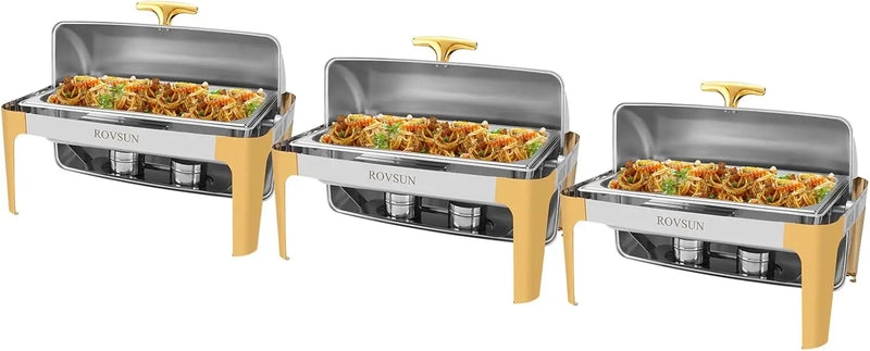 Rovsun 3 Packs Roll Top Chafing Dish Buffet Set Gold Accent,Nsf 9 Quart Rectangular Stainless Steel Chafer, Buffet Servers And