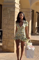 Women Chic Floral Print Bodycon Dress Holiday v-neck Pleated Patchwork Flared Sleeve Ruffle 2026 Summer Casual Latest Vestidos