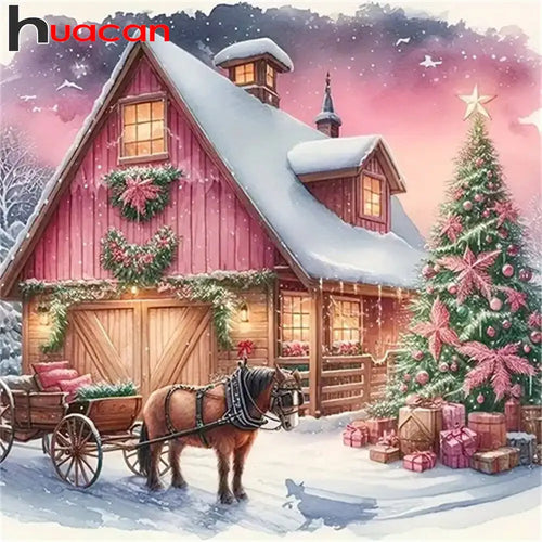 Huacan New Arrivals Diamond Mosaic Christmas House Tree 5D Full Drill Diamond Painting Art Winter Landscape Rhinestone Pictures