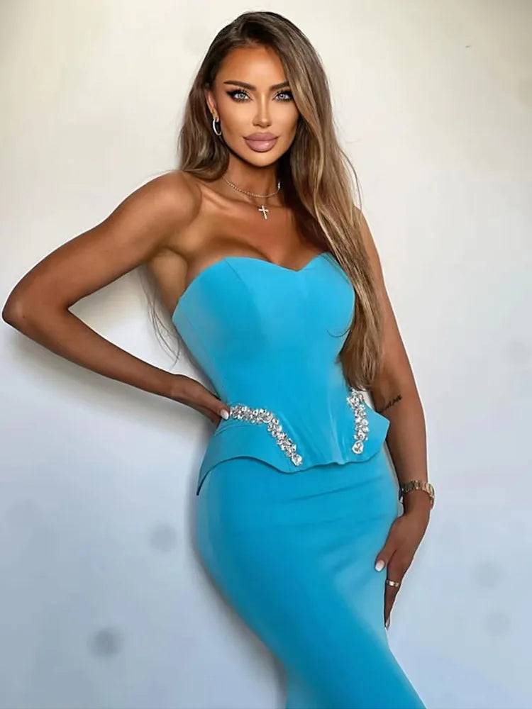 Women Summer Sexy Straples Lake Blue Beading Mermaid Midi Bandage Skirt Set 2023 Knitted Elegant Evening Club Party Dress