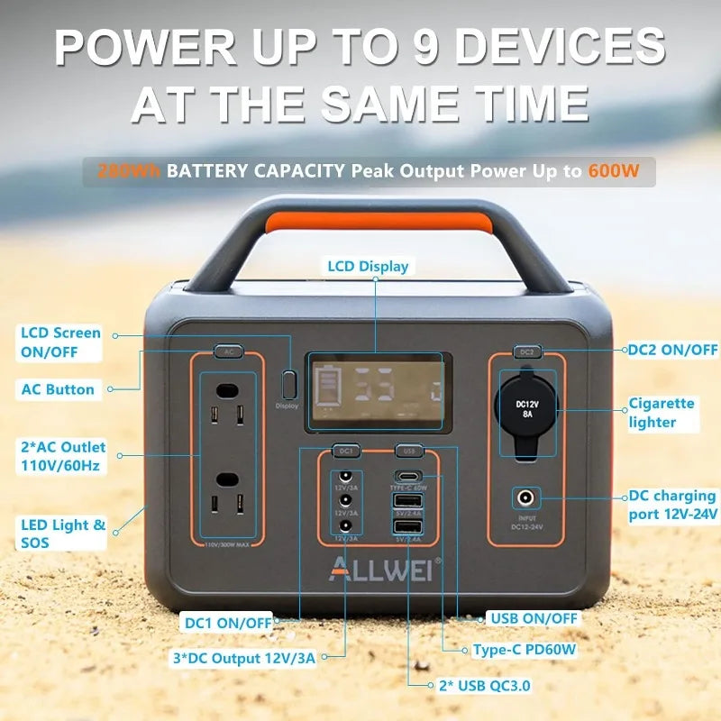 ALLWEI Portable Power Station 300W(Peak 600W), 280Wh Solar Generator with USB-C PD60W, 110V Pure Sine Wave AC Outlet, 78000mAh